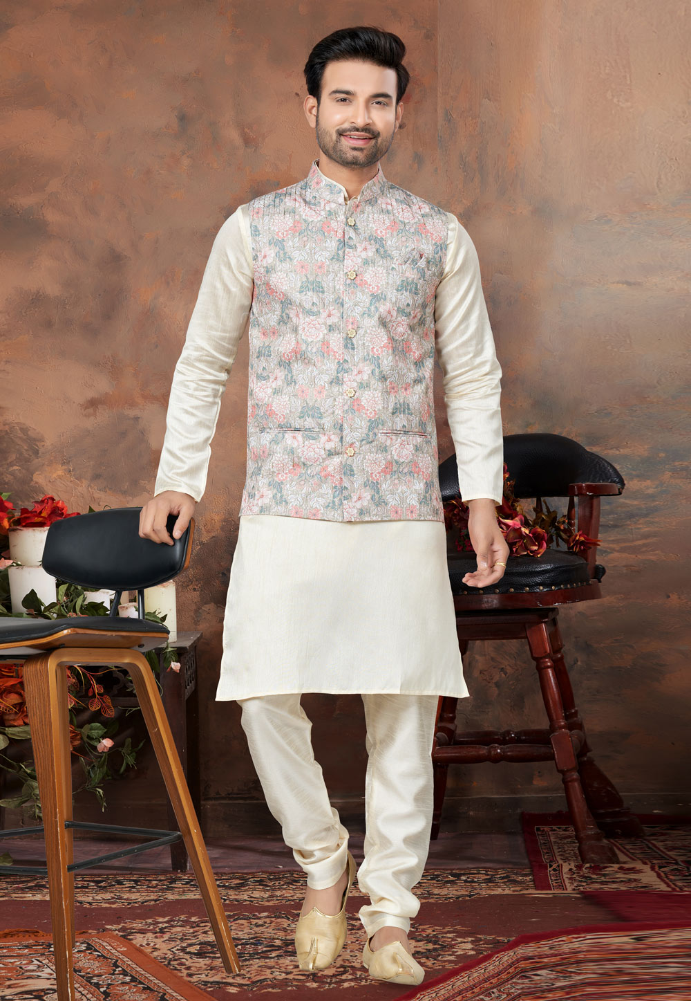 Cream Silk Kurta Pajama With Jacket 278703