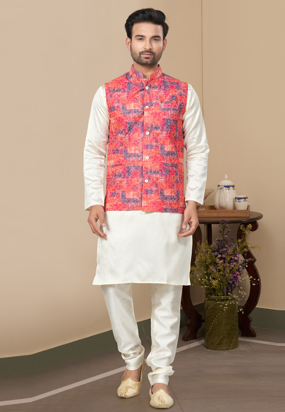 Cream Silk Kurta Pajama With Jacket 280987
