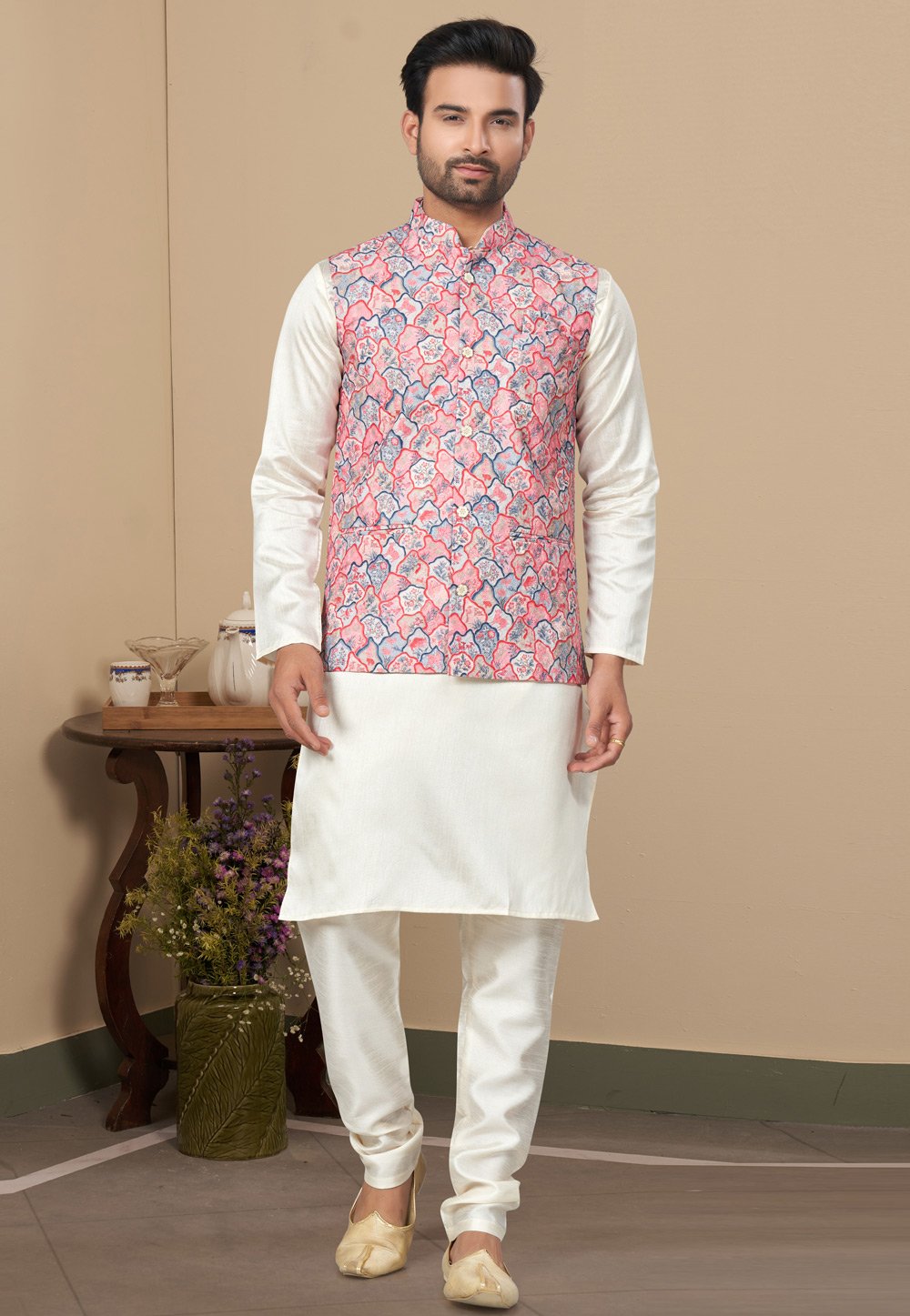 Cream Silk Kurta Pajama With Jacket 280988