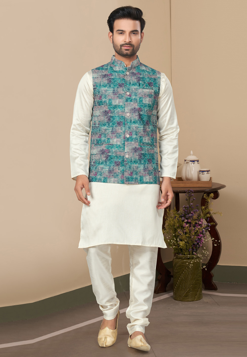 Cream Silk Kurta Pajama With Jacket 280989