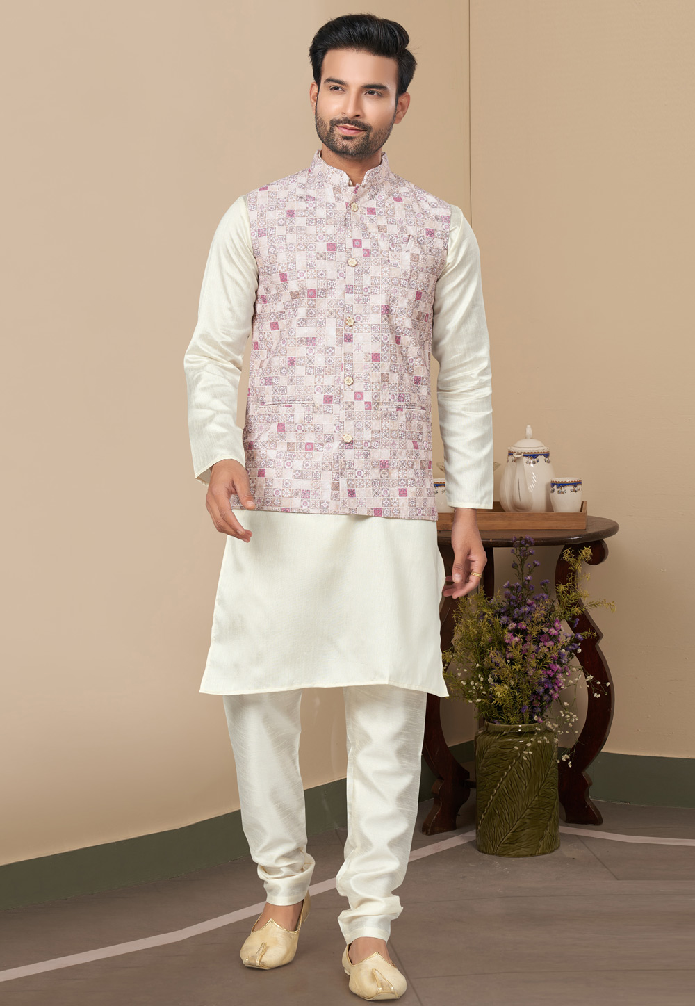 Cream Silk Kurta Pajama With Jacket 280990