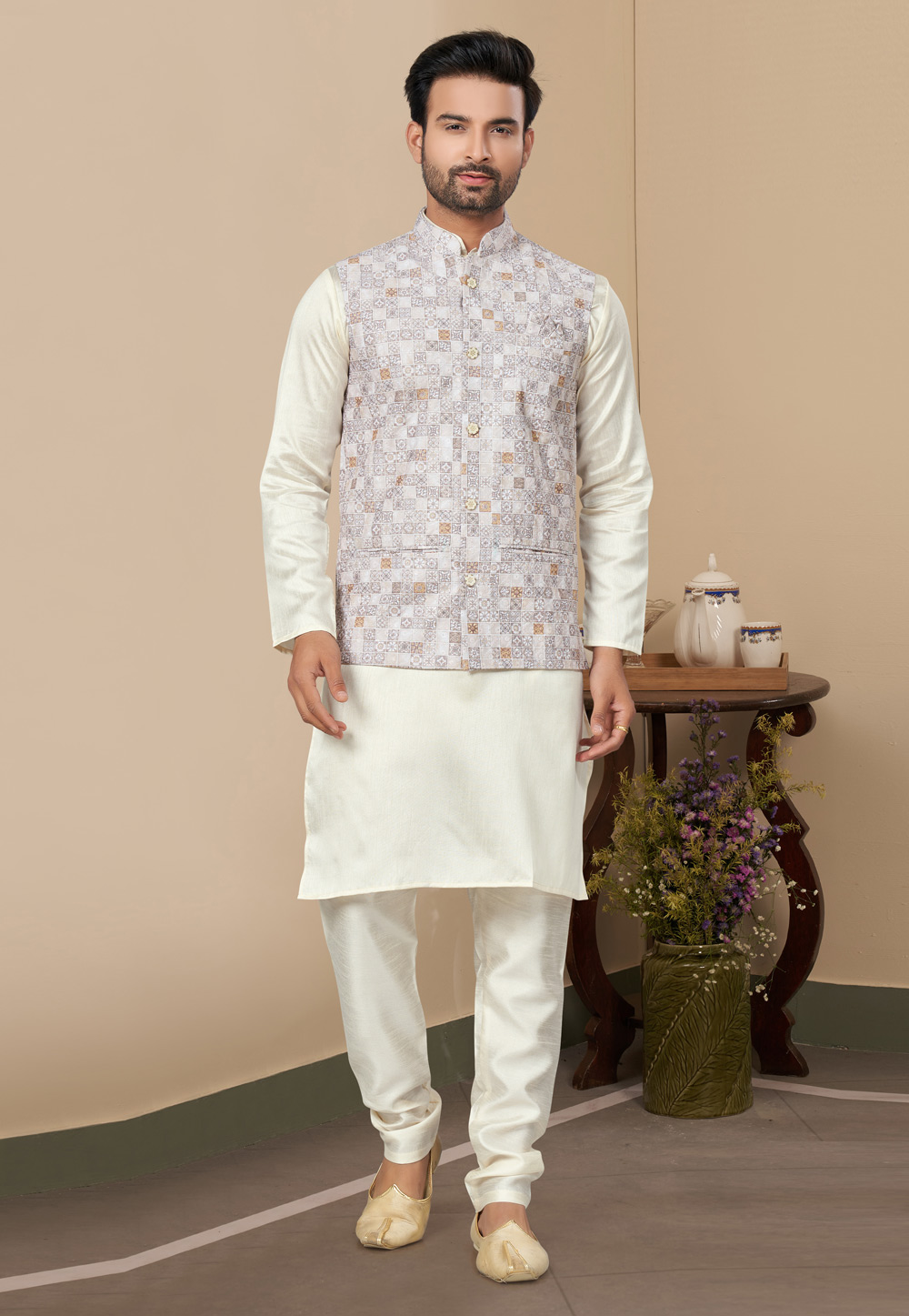 Cream Silk Kurta Pajama With Jacket 280991