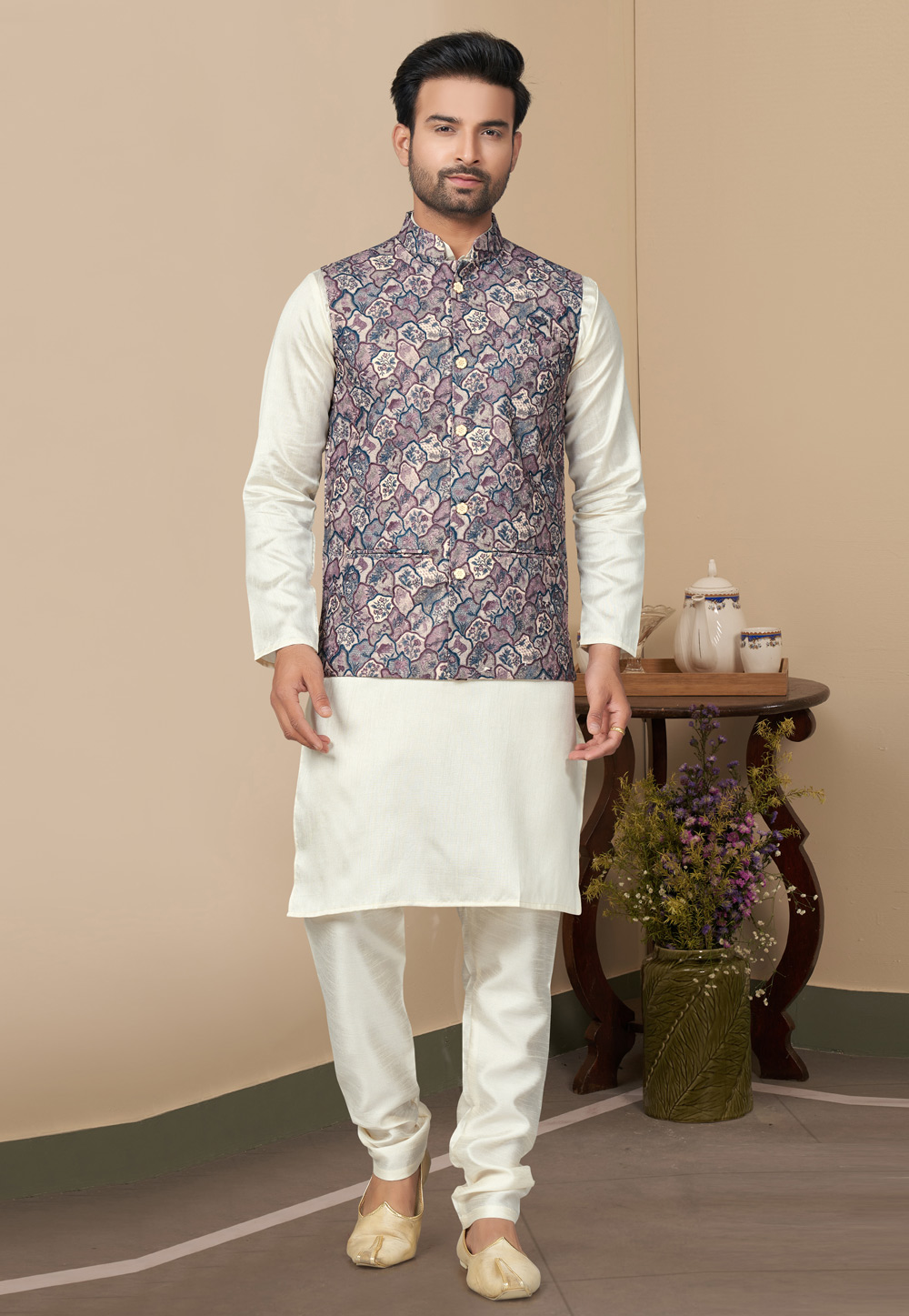 Cream Silk Kurta Pajama With Jacket 280992
