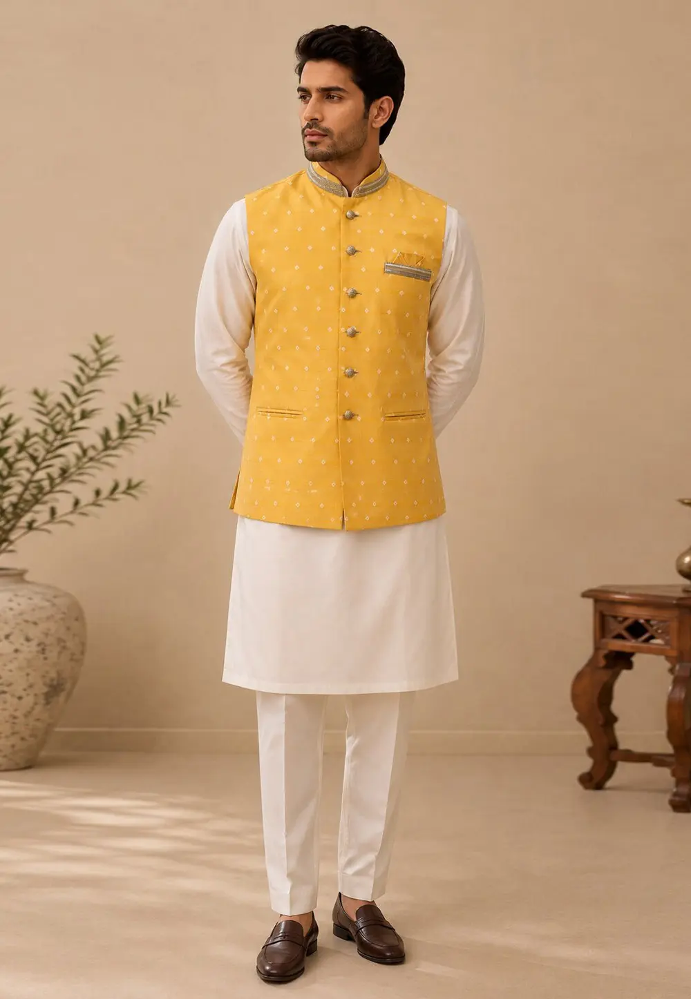 Cream Silk Kurta Pajama With Jacket 331840