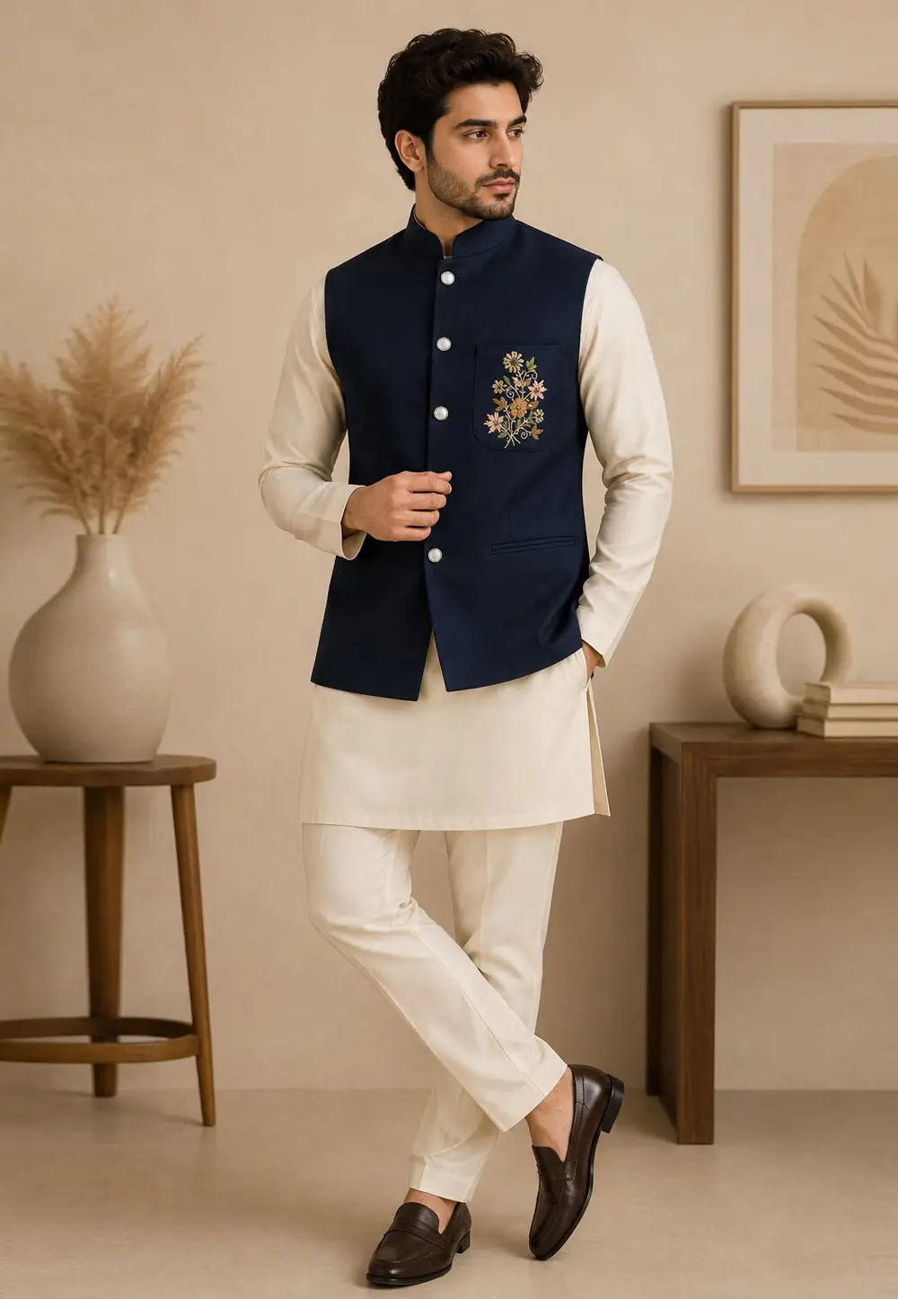 Cream Silk Kurta Pajama With Jacket 333223