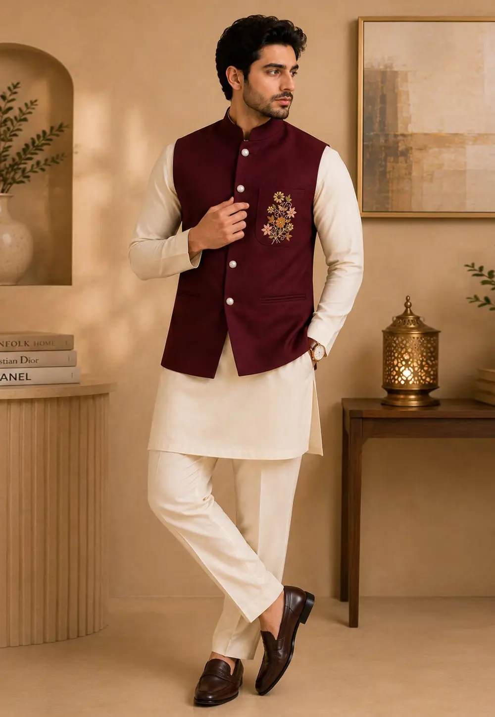 Cream Silk Kurta Pajama With Jacket 333224