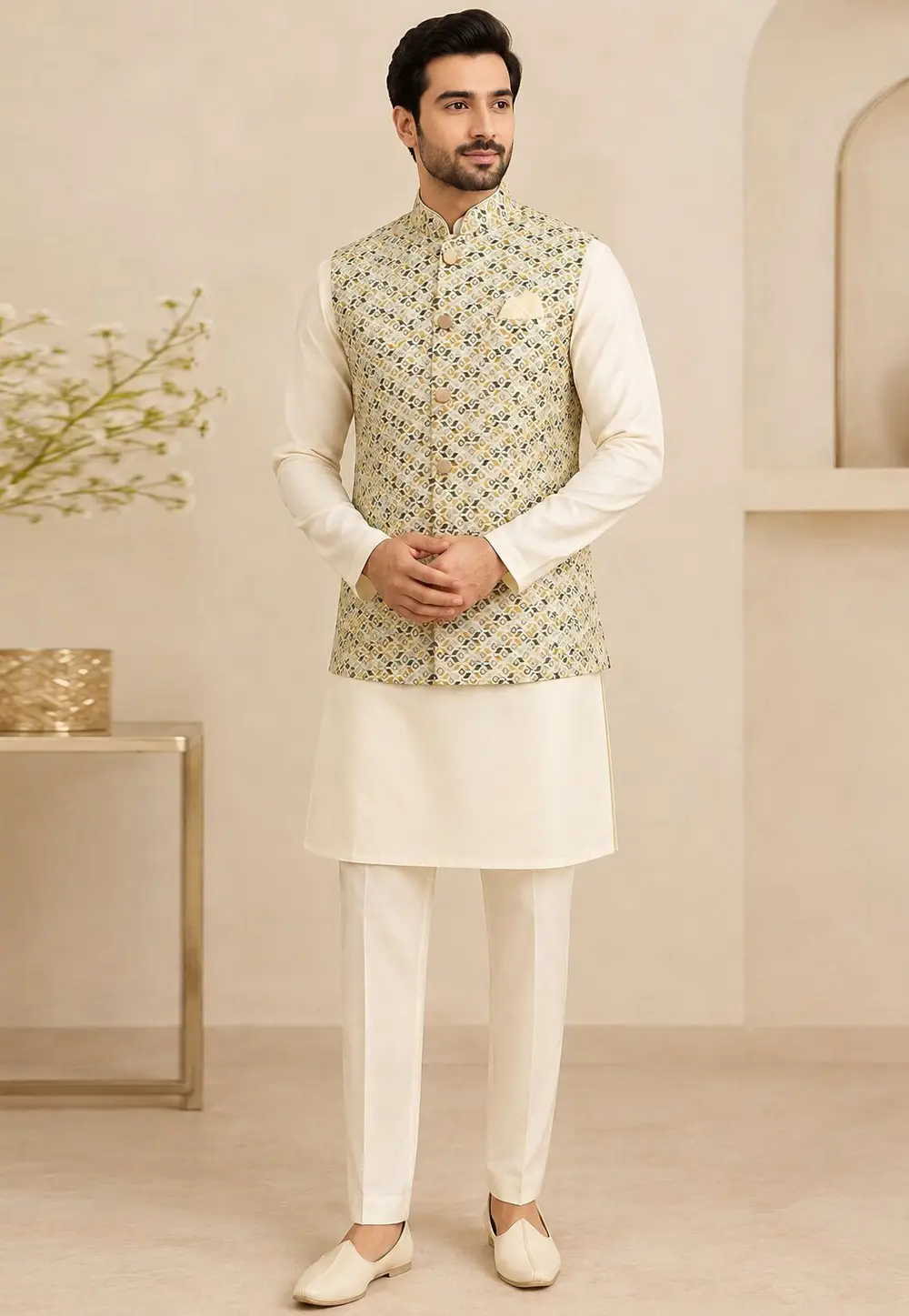 Cream Silk Kurta Pajama With Jacket 334303
