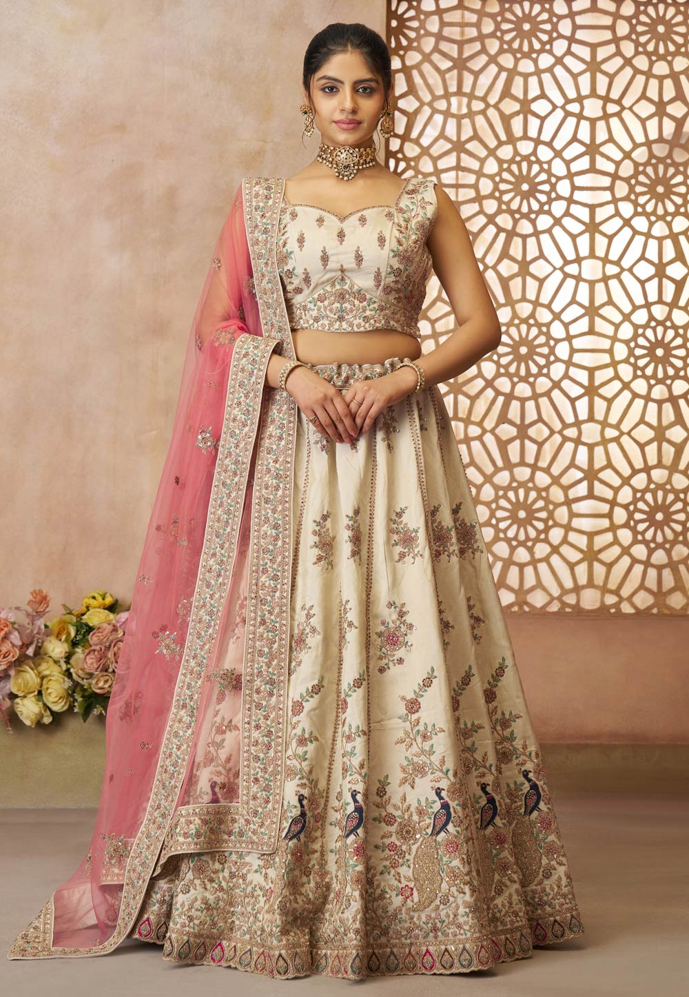 Cream Silk Lehenga Choli 309011