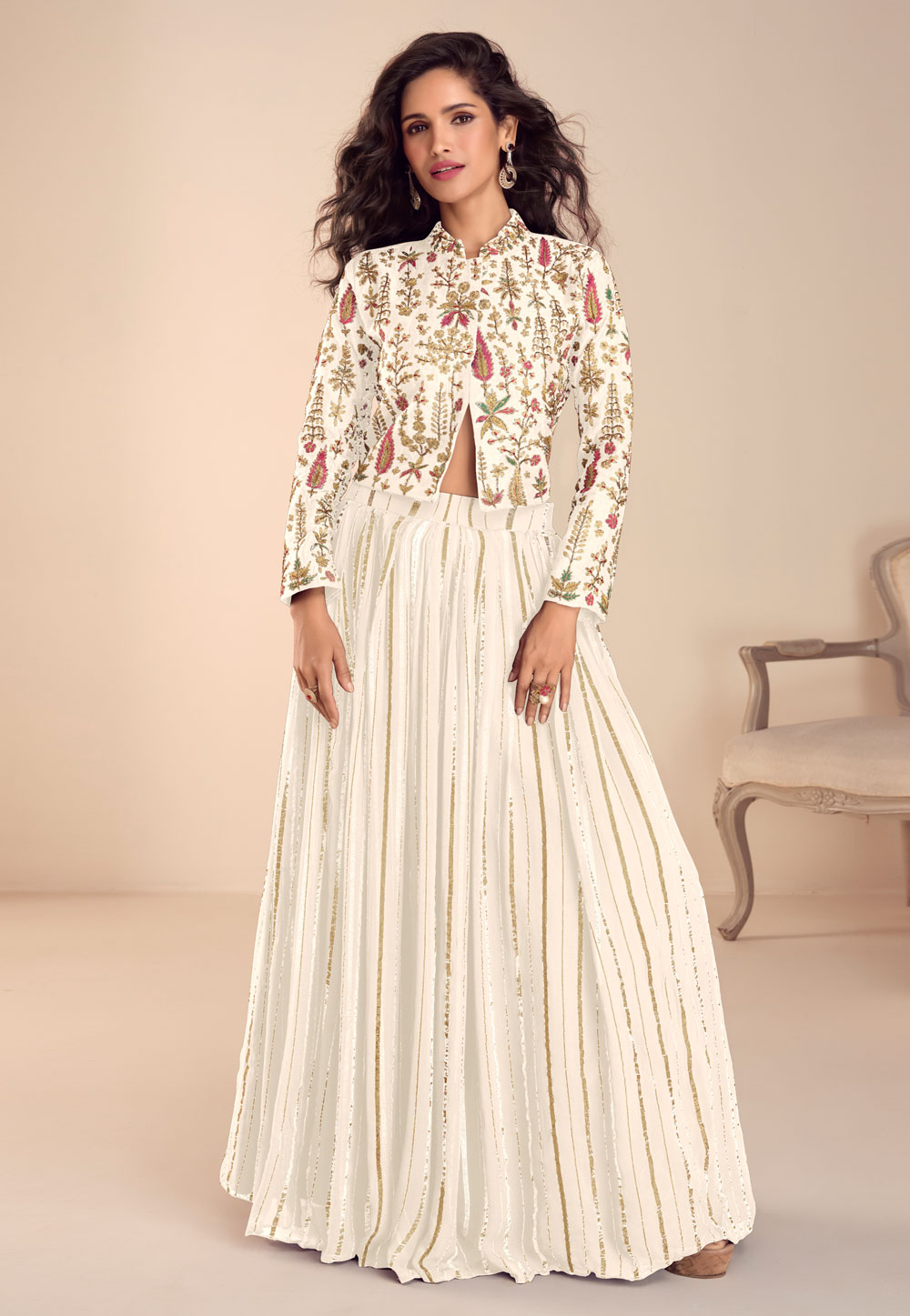 Cream Silk Long Choli Lehenga 326821