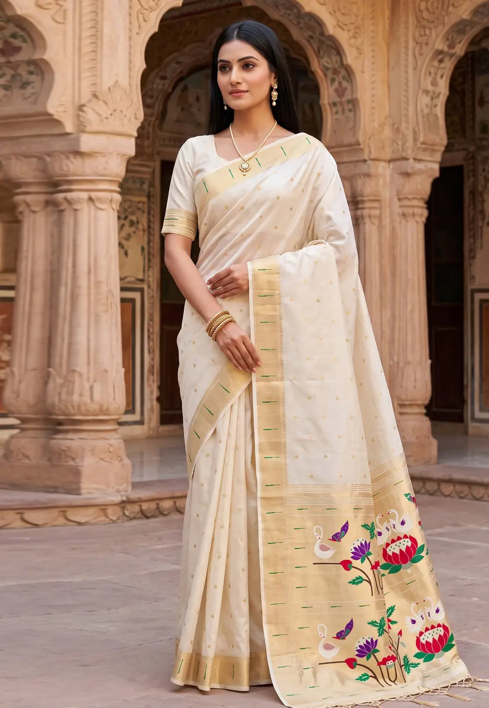 Cream Silk Paithani Saree 334029