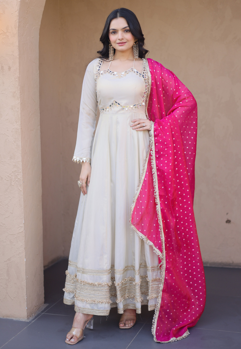 Cream Silk Readymade Anarkali Suit 328253