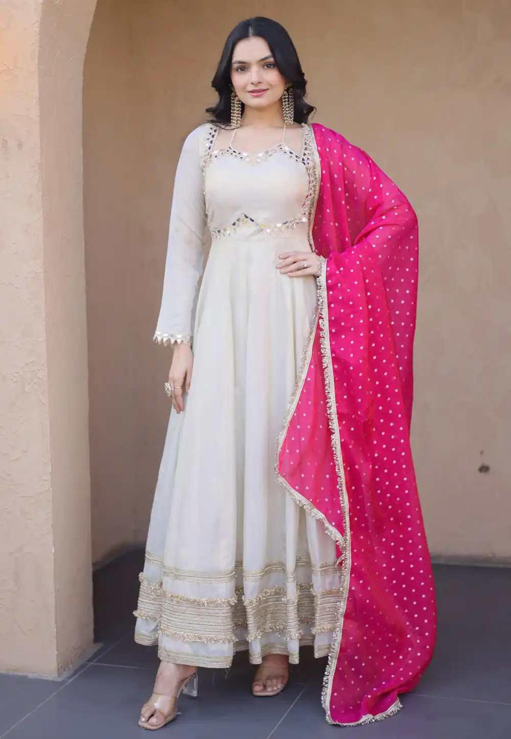 Cream Silk Readymade Anarkali Suit 328253