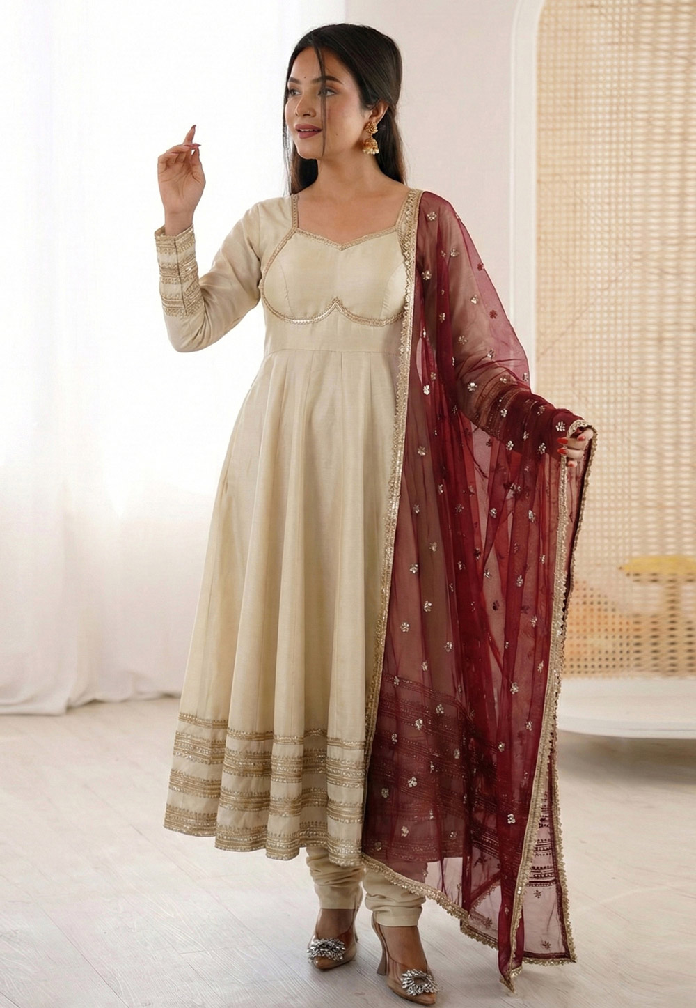 Cream Silk Readymade Churidar Suit 324442