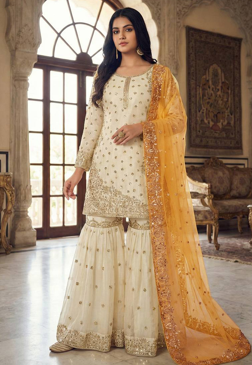 Cream Silk Readymade Gharara Suit 324182