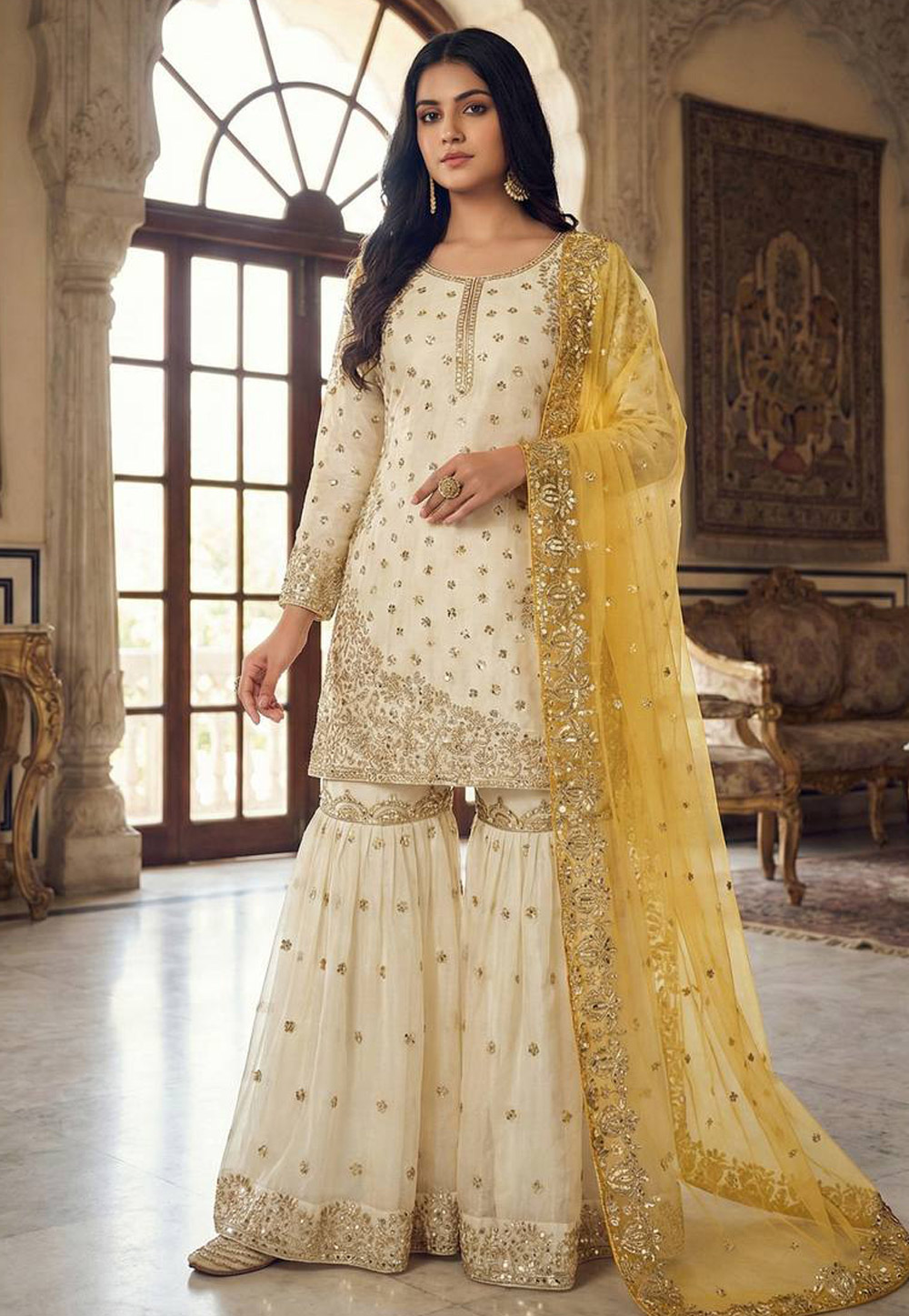 Cream Silk Readymade Gharara Suit 324182