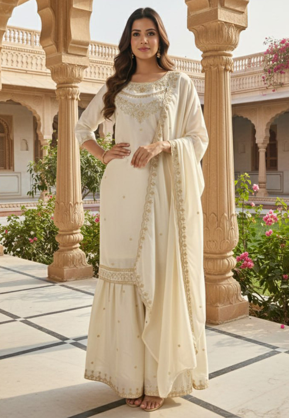 Cream Silk Readymade Gharara Suit 324186