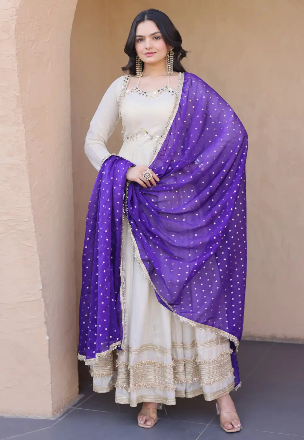 Cream Silk Readymade Long Anarkali Suit 328254