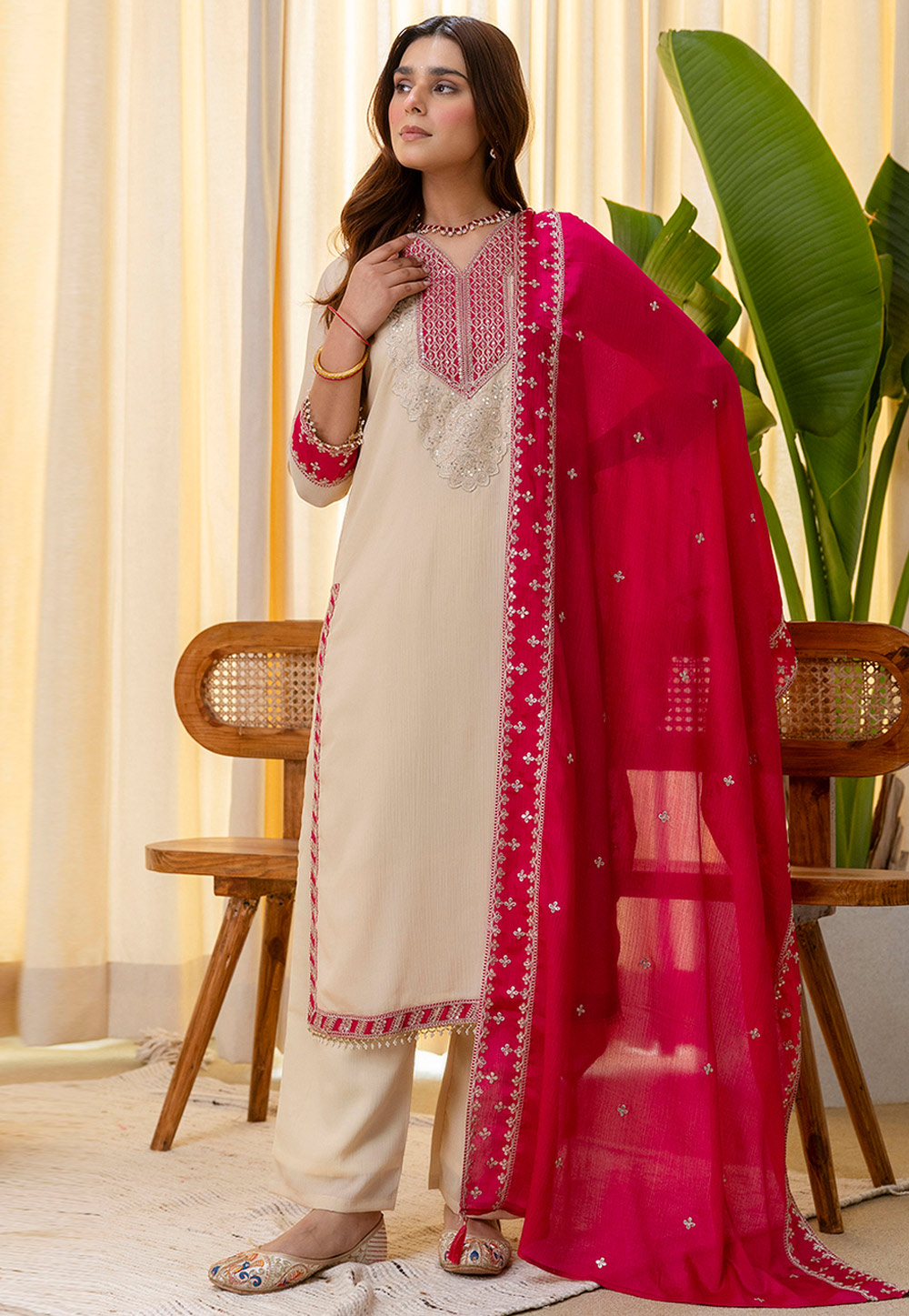 Cream Silk Readymade Pakistani Suit 325004
