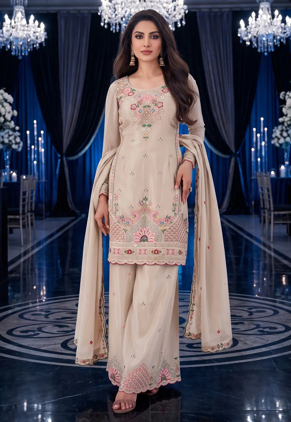 Cream Silk Readymade Pakistani Suit 333797