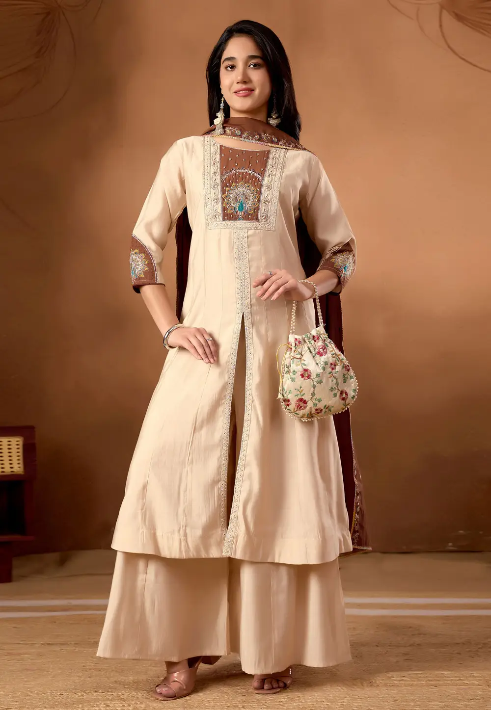 Cream Silk Readymade Palazzo Suit 336672