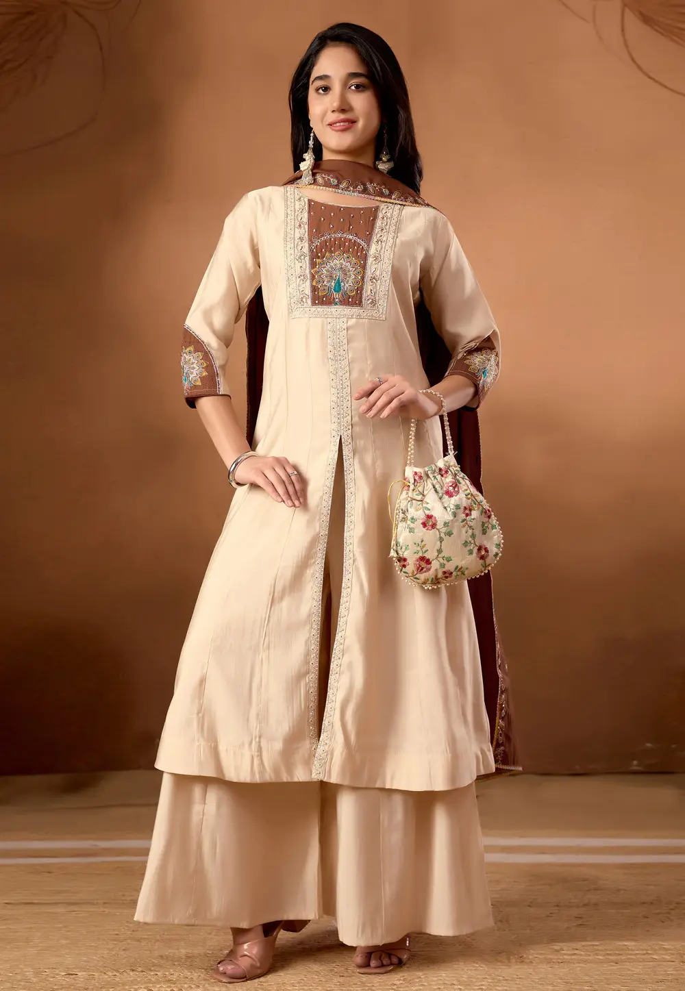 Cream Silk Readymade Palazzo Suit 333987
