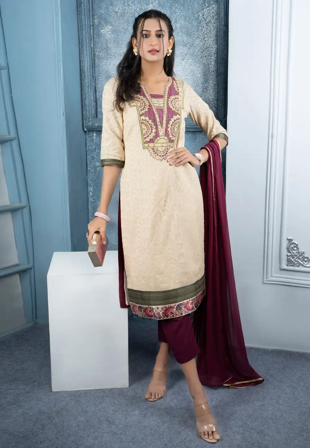 Cream Silk Readymade Pant Style Suit 312992