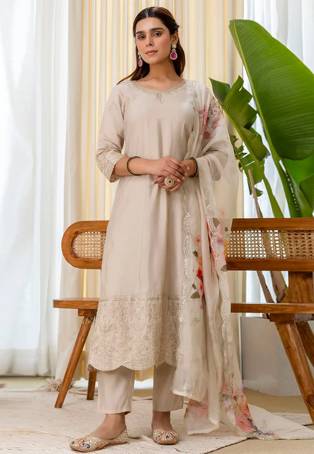 Cream Silk Readymade Pant Style Suit 324791
