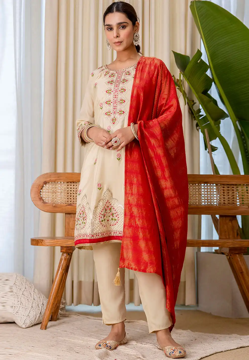 Cream Silk Readymade Pant Style Suit 328571
