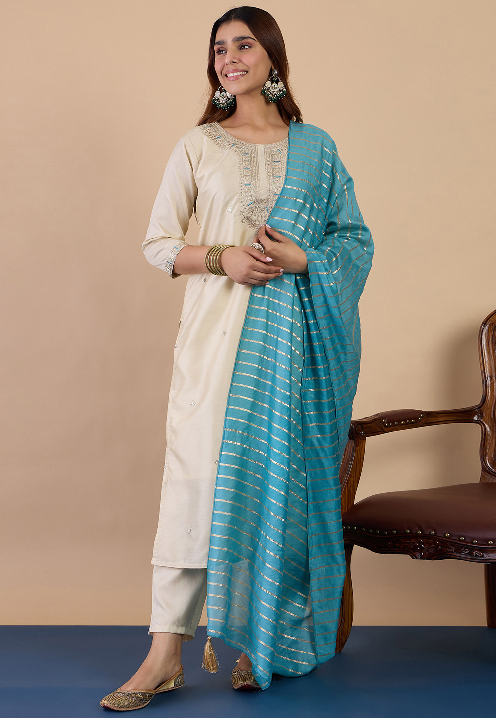 Cream Silk Readymade Pant Style Suit 328591