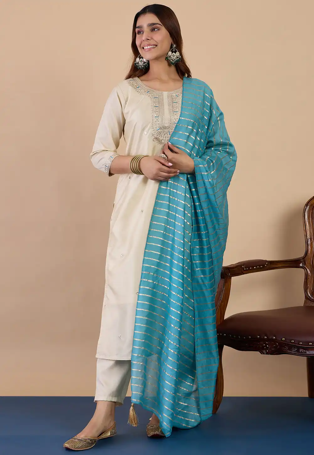 Cream Silk Readymade Pant Style Suit 328591