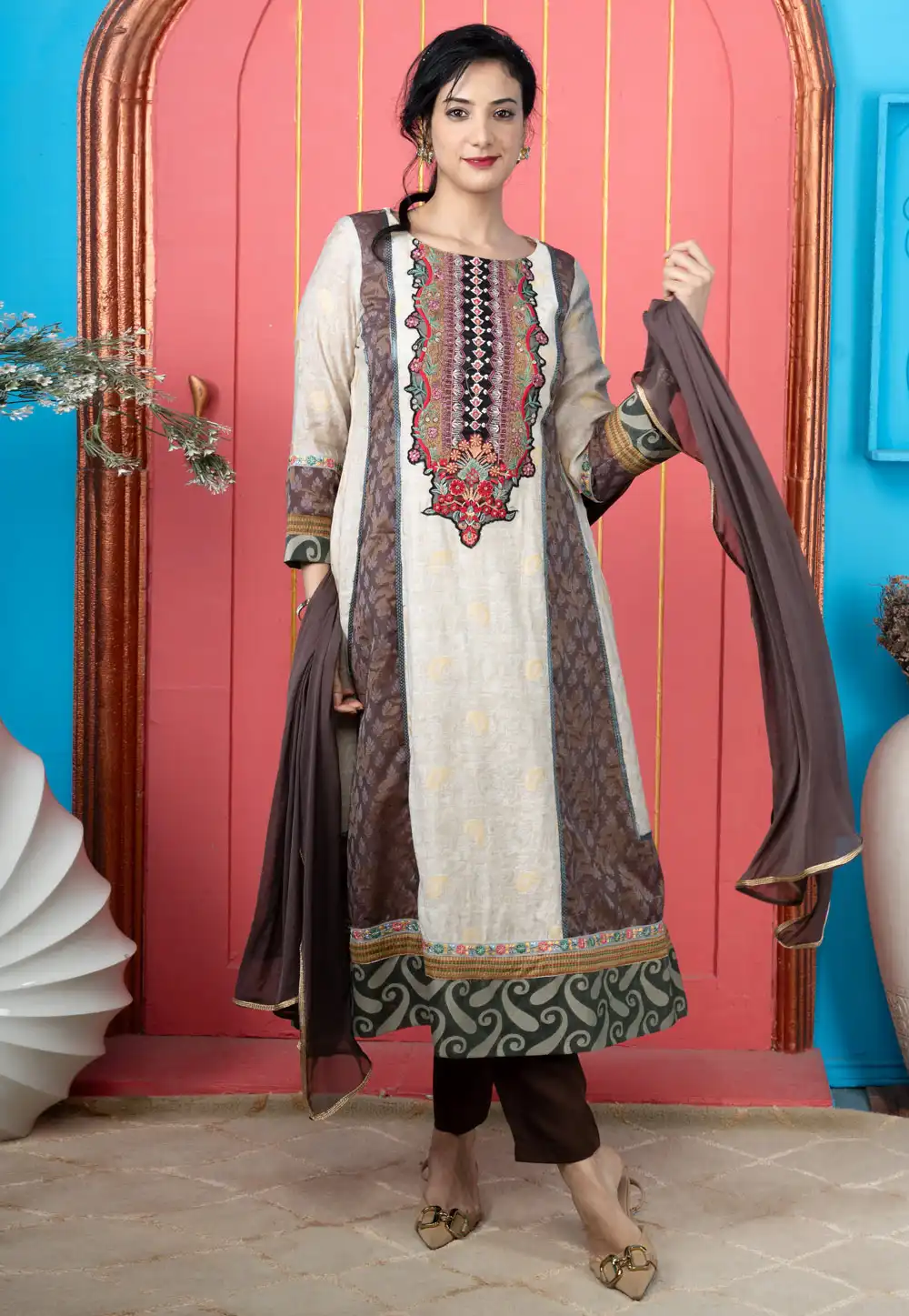 Cream Silk Readymade Pant Style Suit 316657