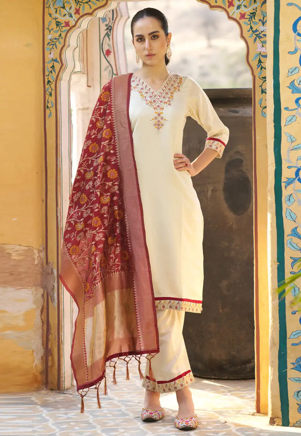Cream Silk Readymade Pant Style Suit 325527