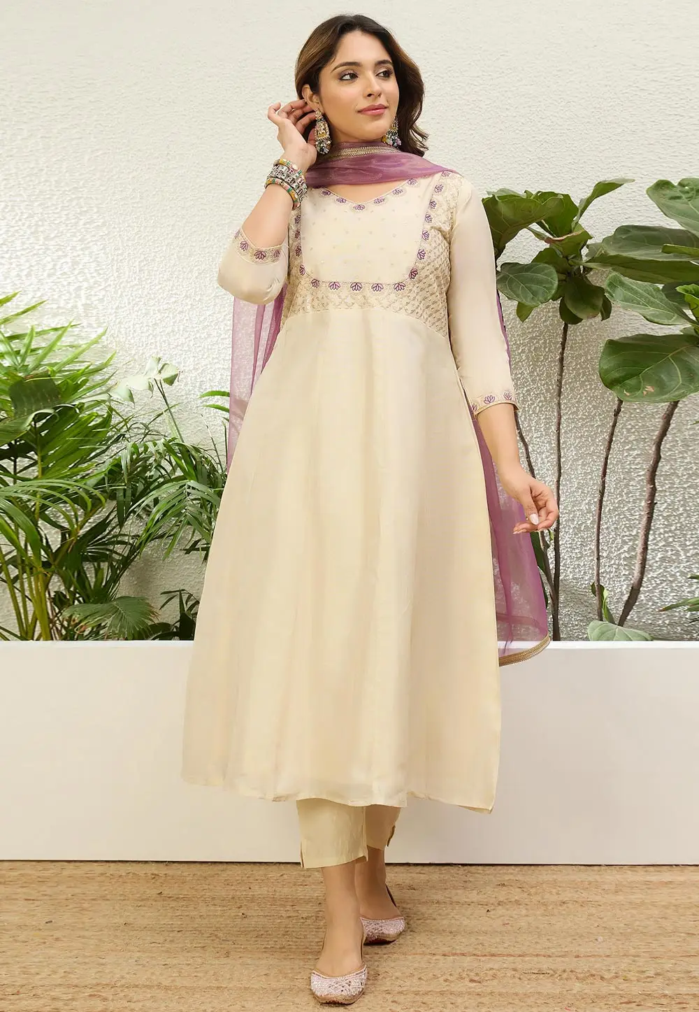 Cream Silk Readymade Pant Style Suit 333781