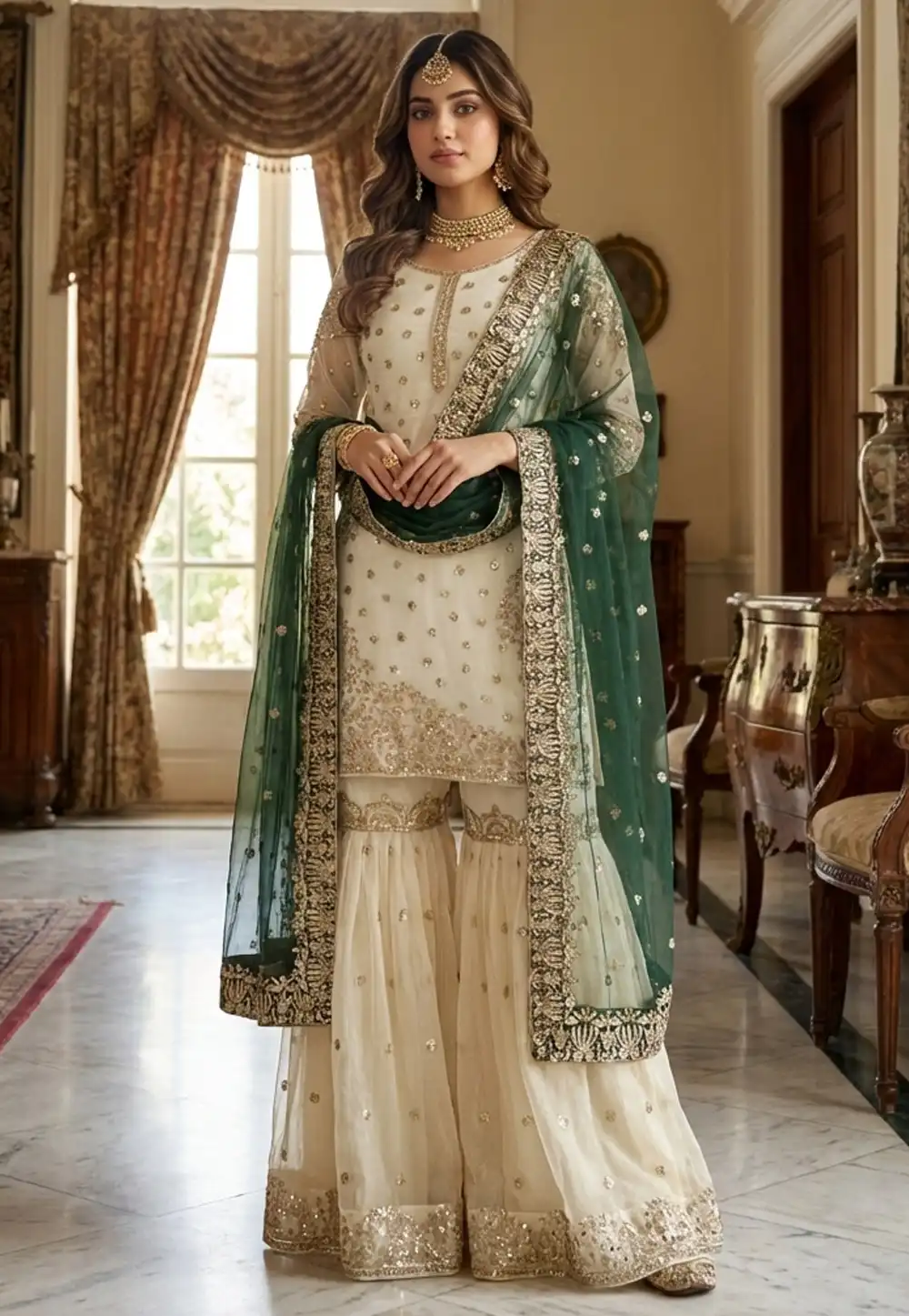 Cream Silk Readymade Sharara Suit 323896