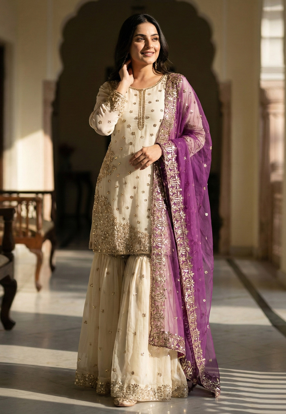 Cream Silk Readymade Sharara Suit 323898