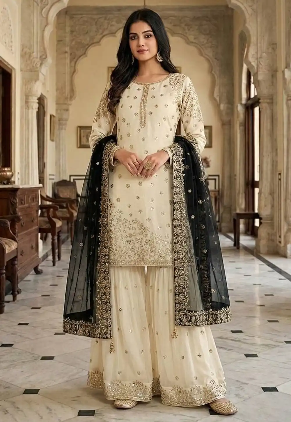 Cream Silk Readymade Sharara Suit 324183