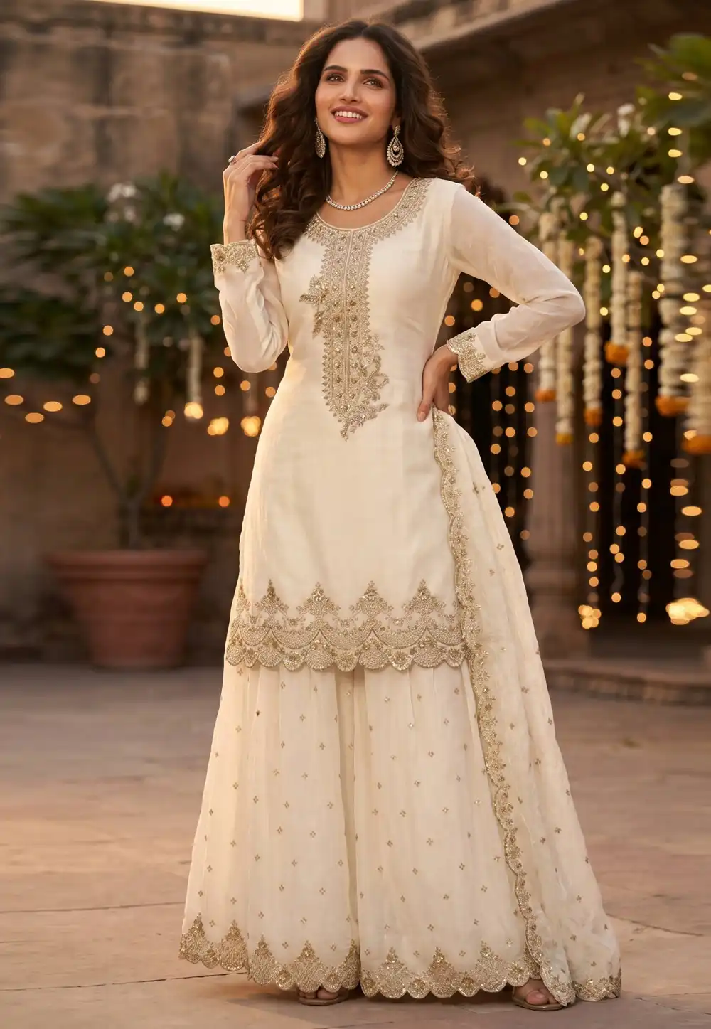 Cream Silk Readymade Sharara Suit 328690