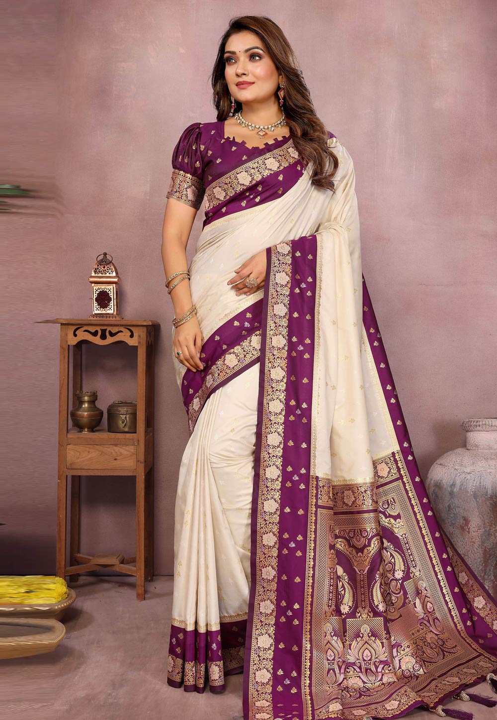 Cream Silk Saree With Blouse 312677