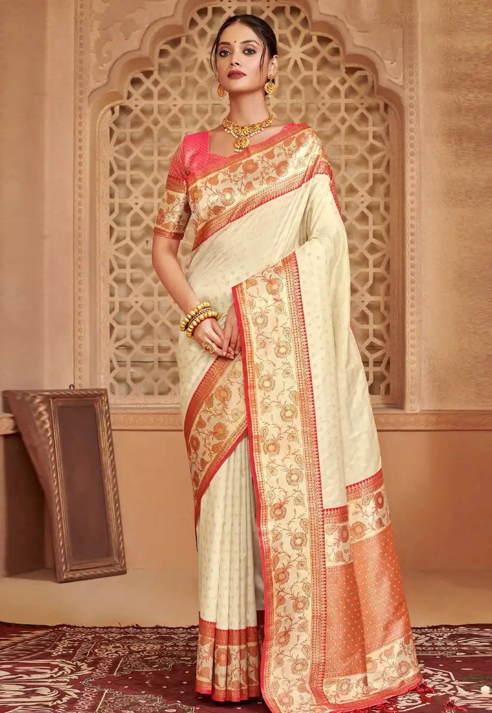 Cream Silk Saree With Blouse 324345