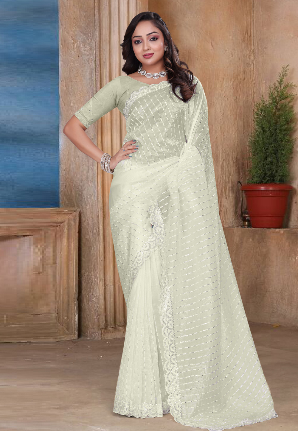 Cream Silk Saree With Blouse 312532