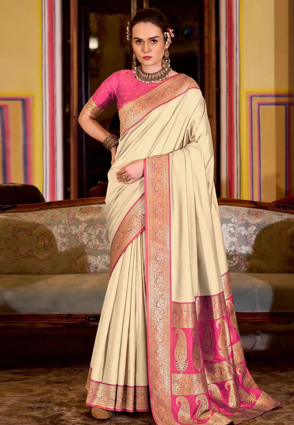 Cream Silk Saree With Blouse 316992