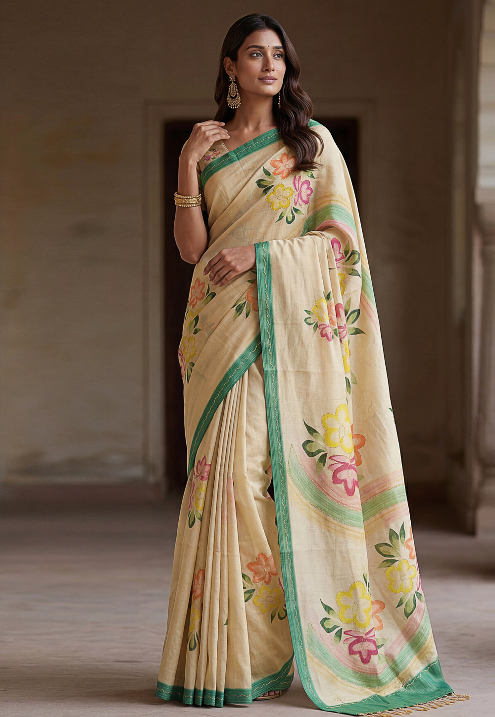 Cream Silk Saree With Blouse 327490