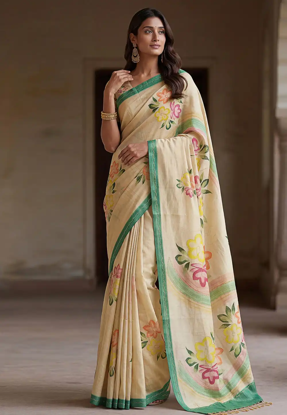 Cream Silk Saree With Blouse 327490