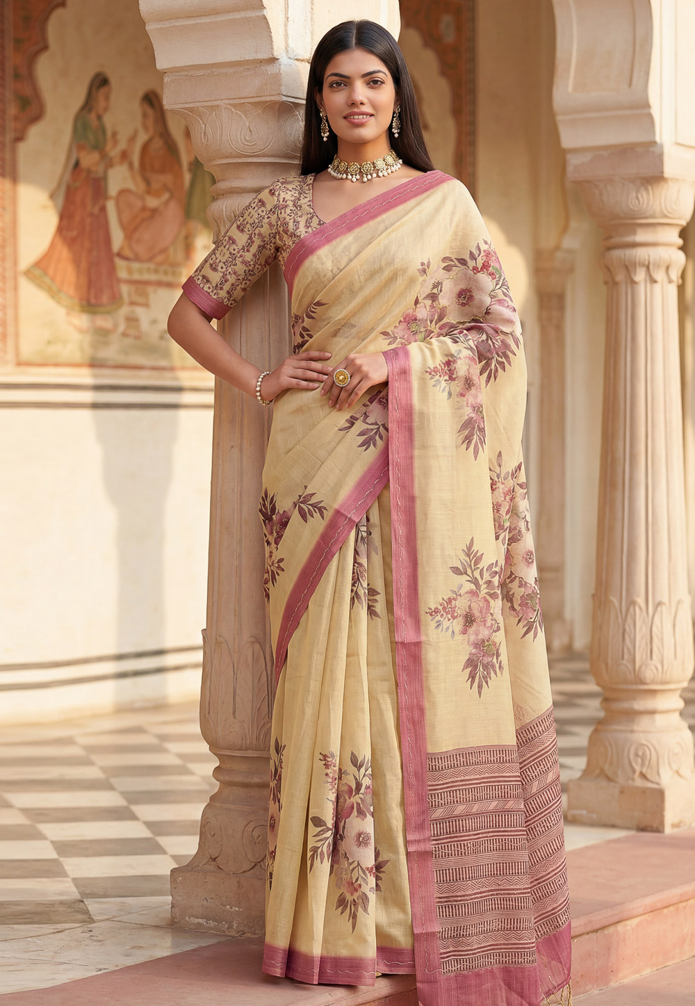 Cream Silk Saree With Blouse 328855