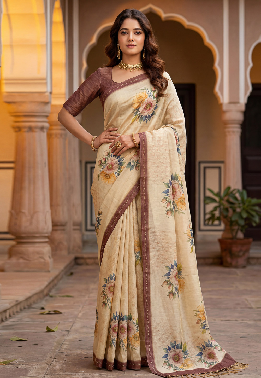 Cream Silk Saree With Blouse 328856