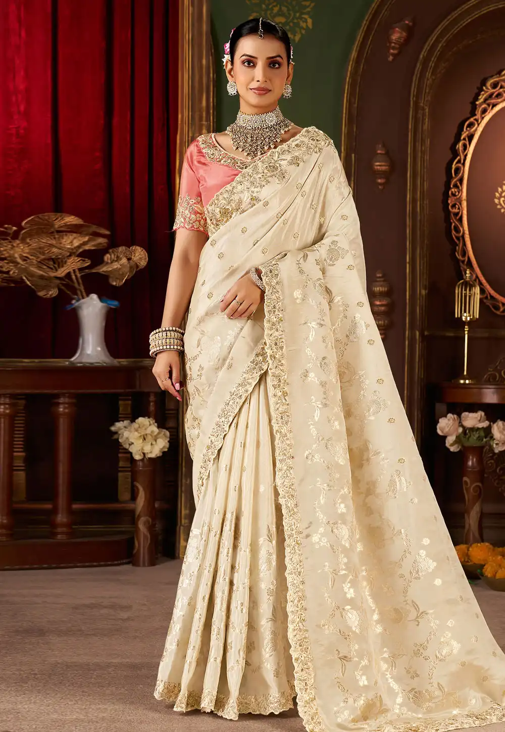 Cream Silk Saree With Blouse 321667