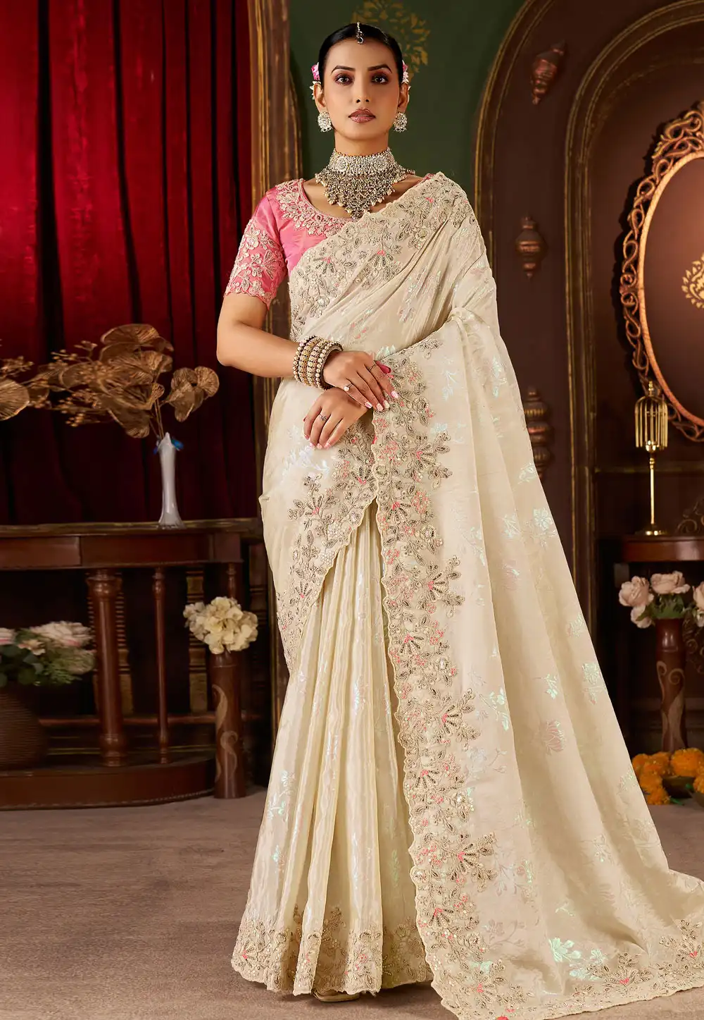 Cream Silk Saree With Blouse 321669
