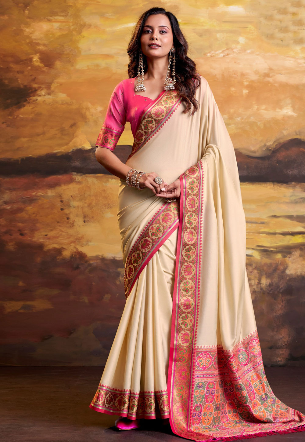Cream Silk Saree With Blouse 328481