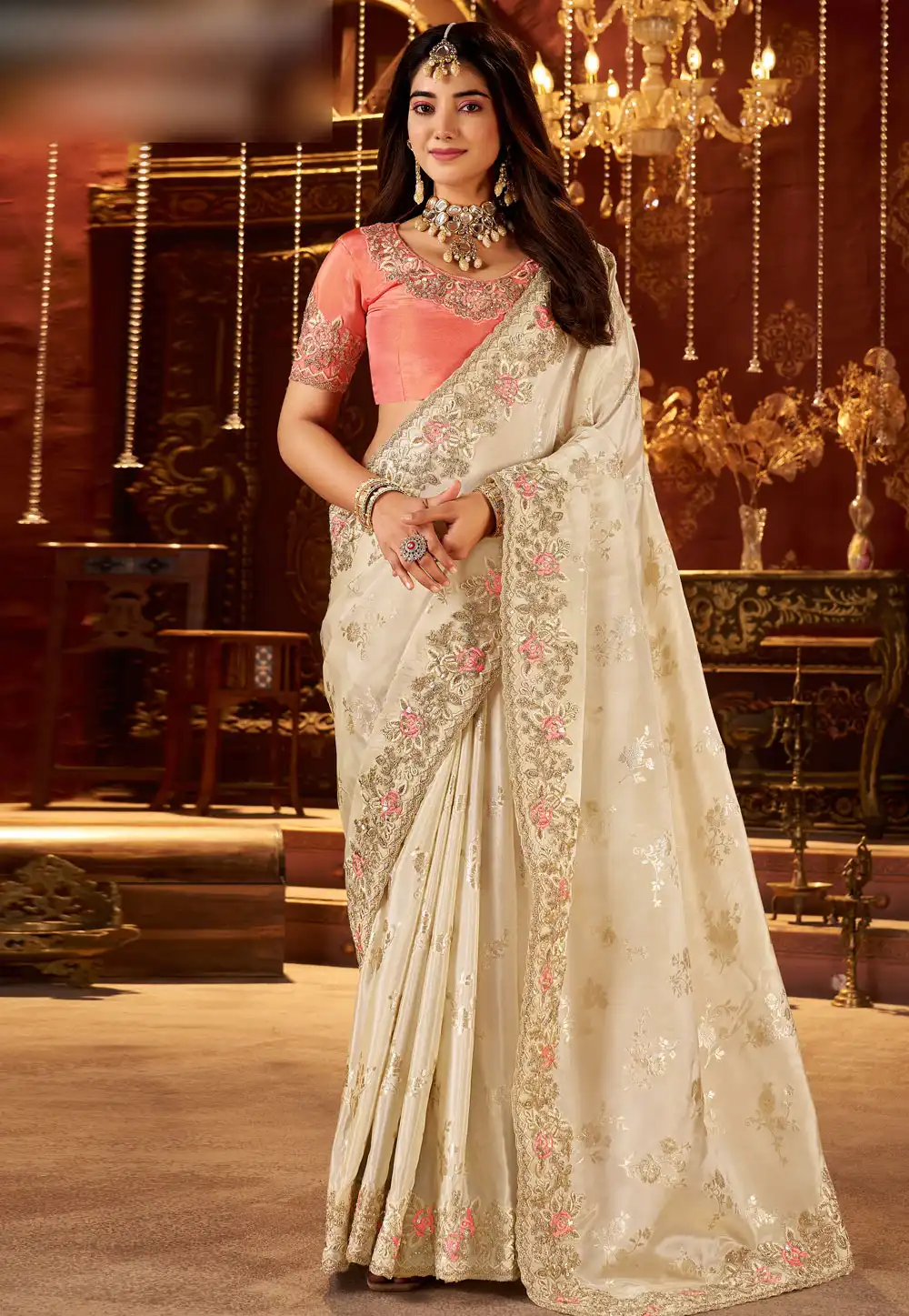 Cream Silk Saree With Blouse 321671