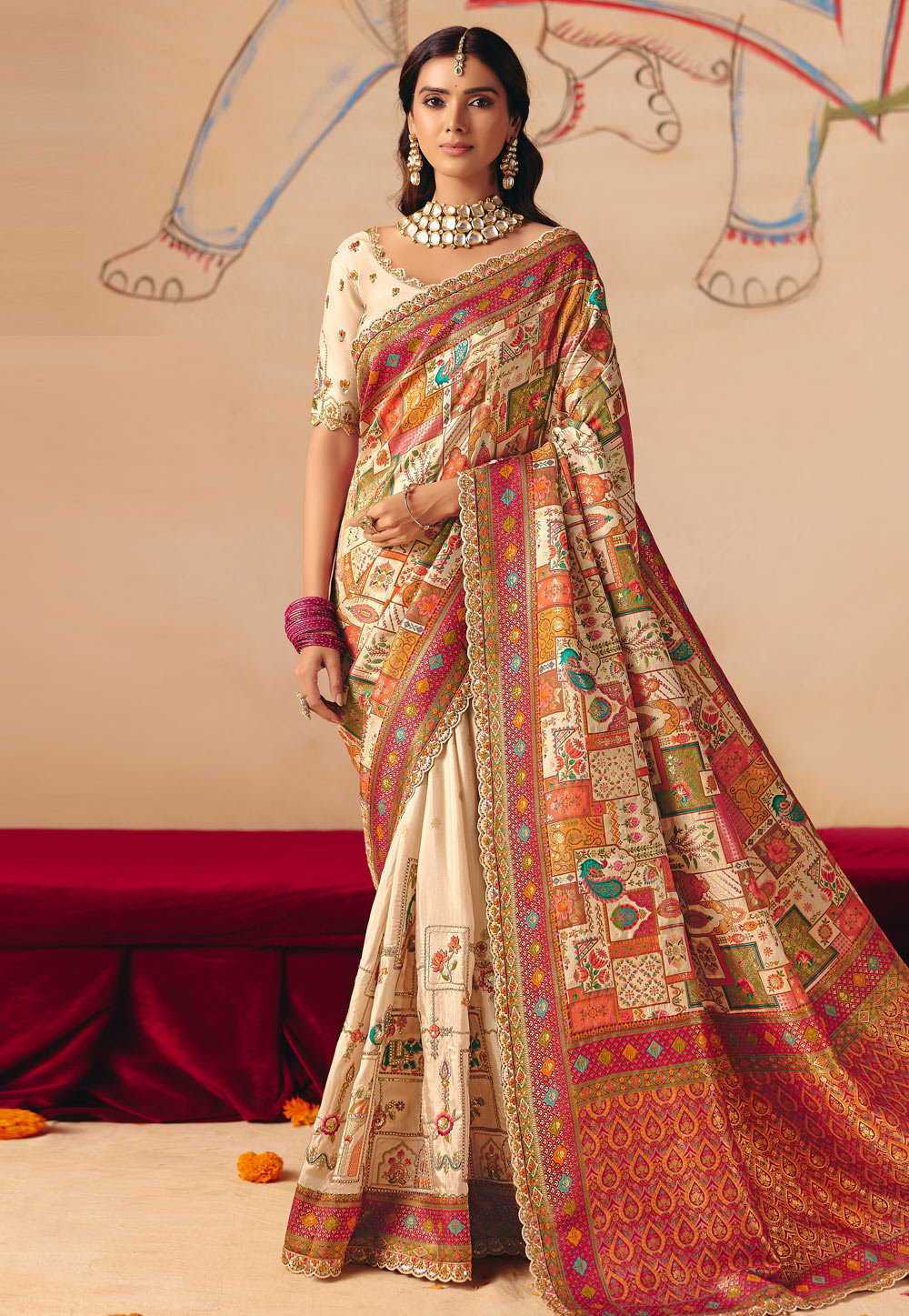 Cream Silk Saree With Blouse 324653